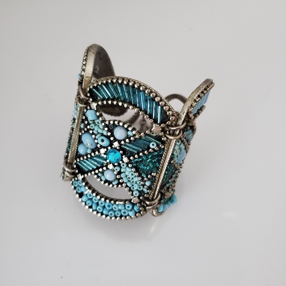Boho blue beaded silver oversized cuff bracelet